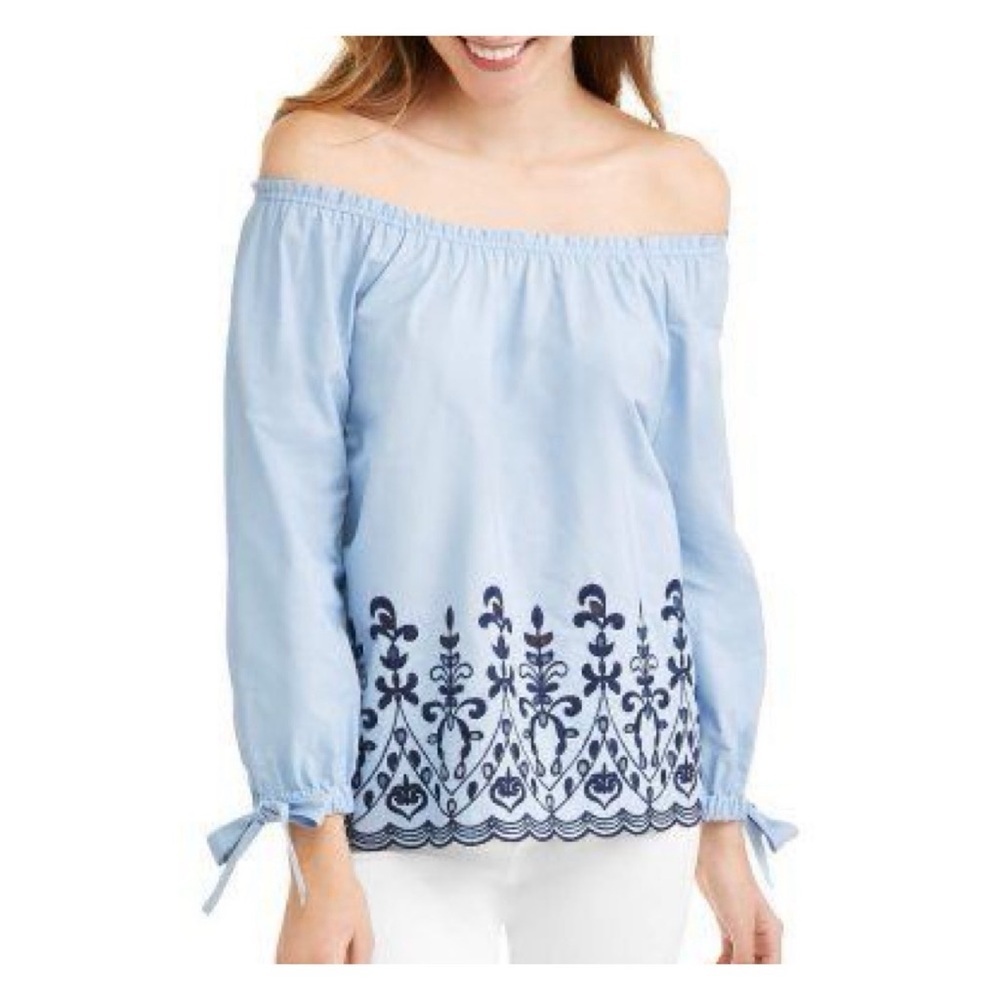 Time & Tru Embroidered Off the Shoulder Striped Top